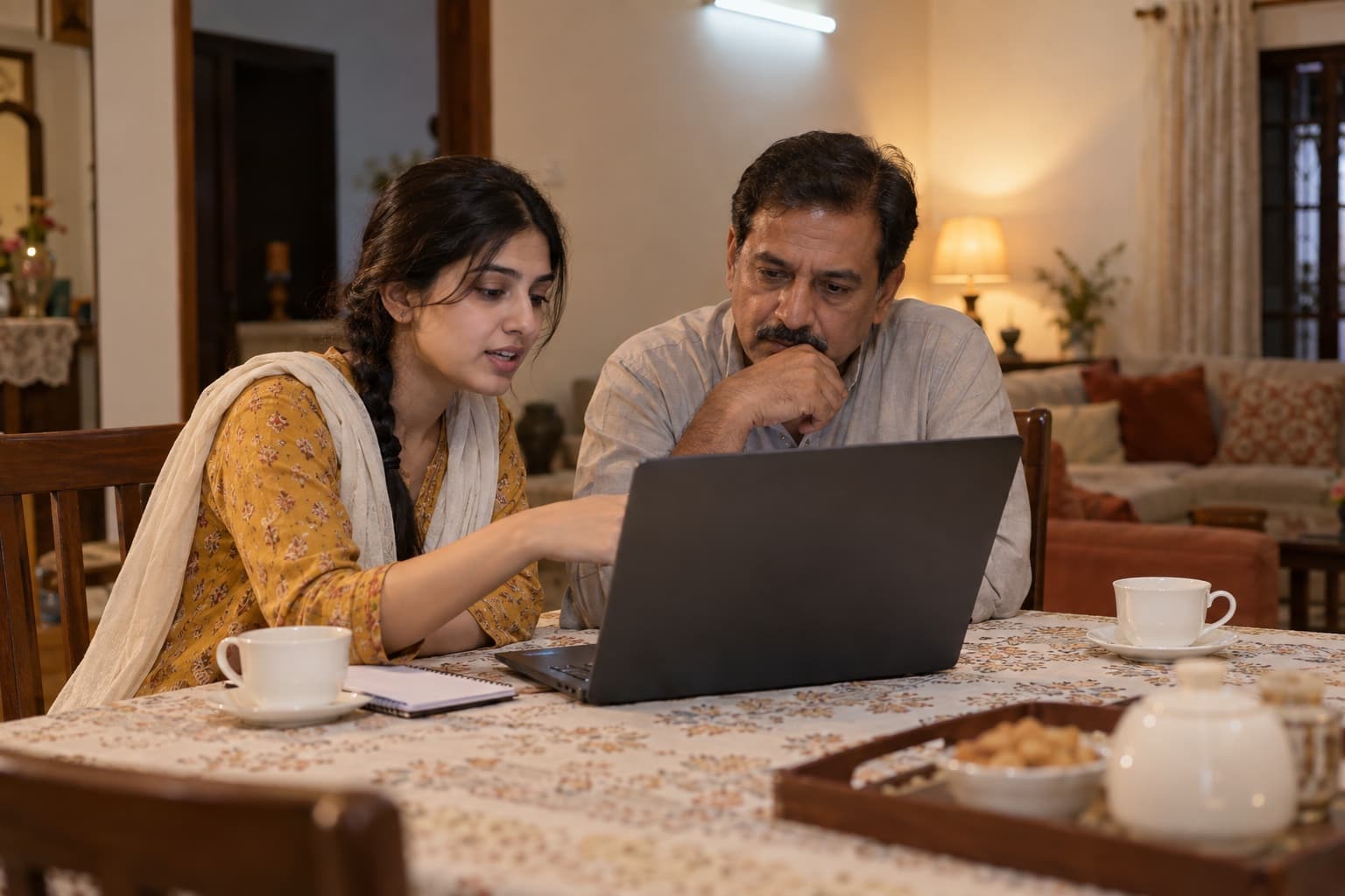 A shop owner and his daughter look at the shop’s accounts on a laptop at the family table.
